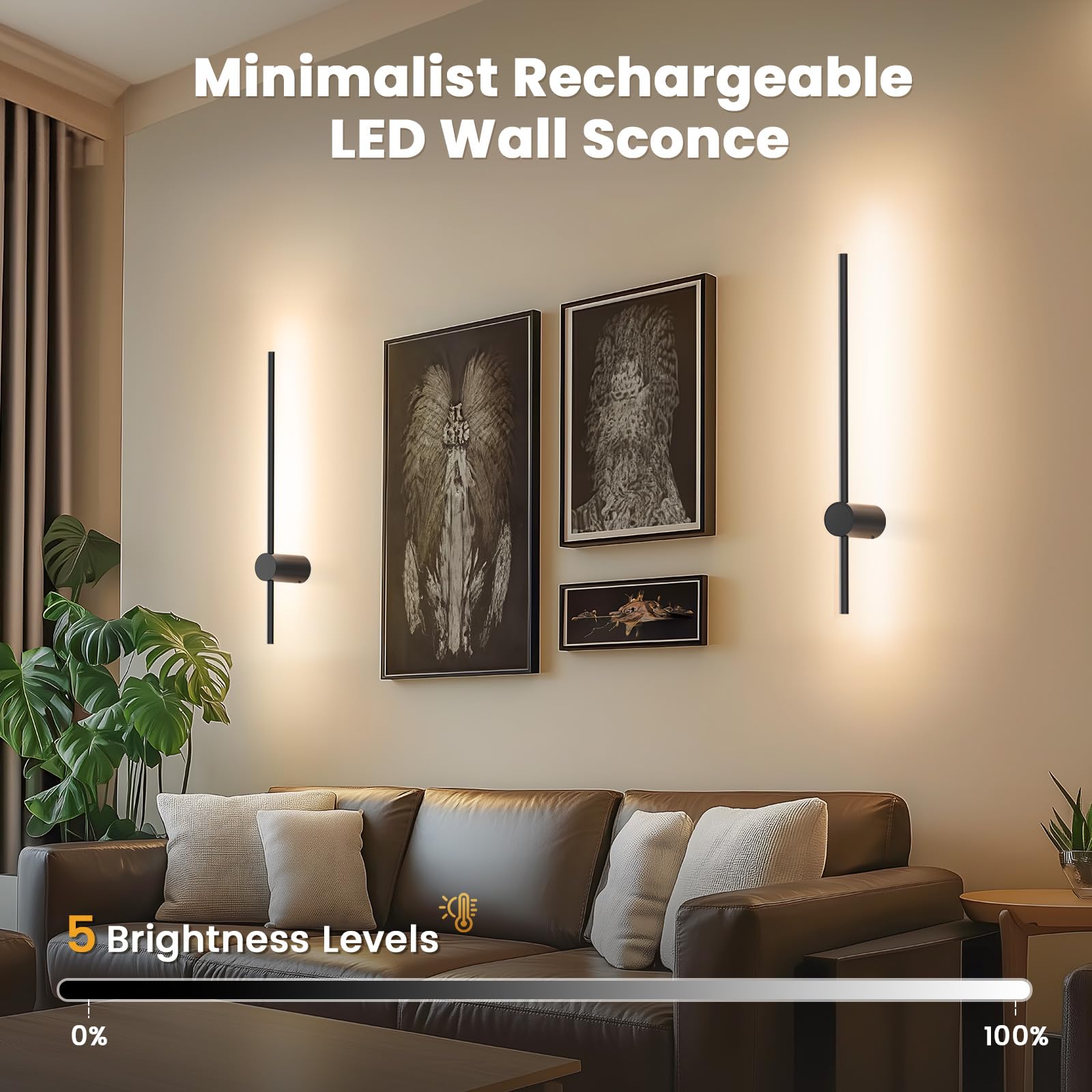 Niorsun 24-inch sconces in living room, warm glow and 7-color options.