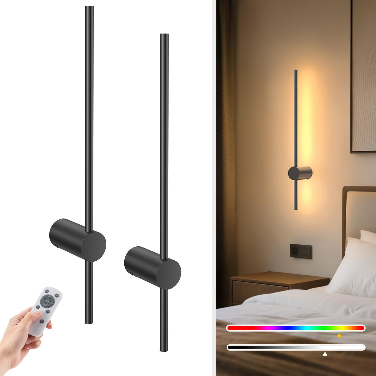 Niorsun 24-inch wall sconce set 2, front view, wireless lighting for versatile living room ambiance.