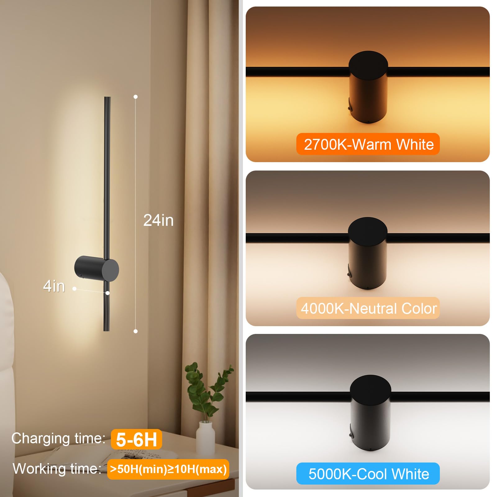 Niorsun battery-powered wall light main body detail, durable aluminum with matte black finish.
