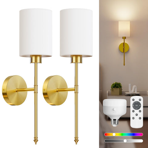 NIORSUN battery wall sconce with gold bracket and white shade provides warm ambient lighting.