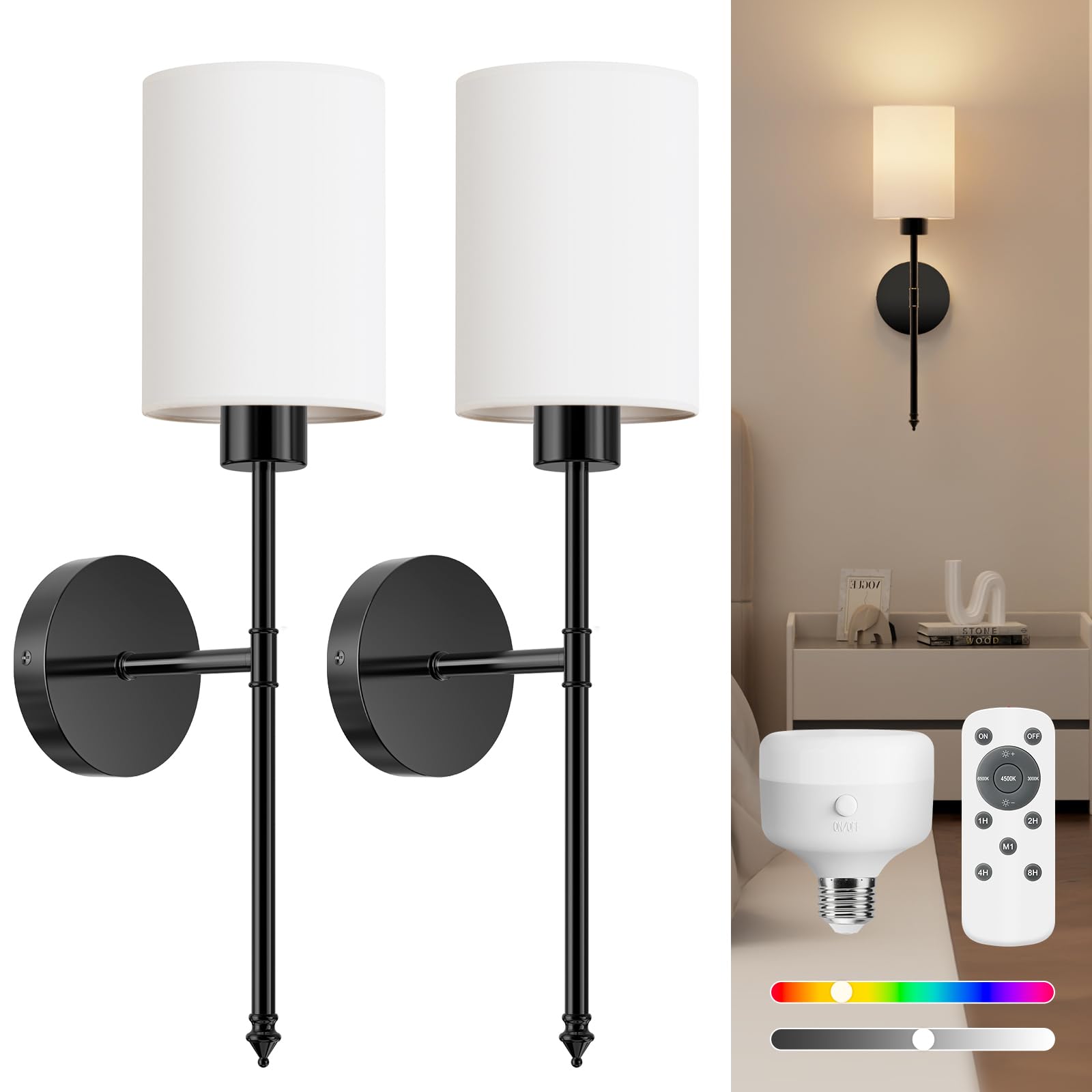 NIORSUN battery wall sconce set of 2 black with remote for flexible placement