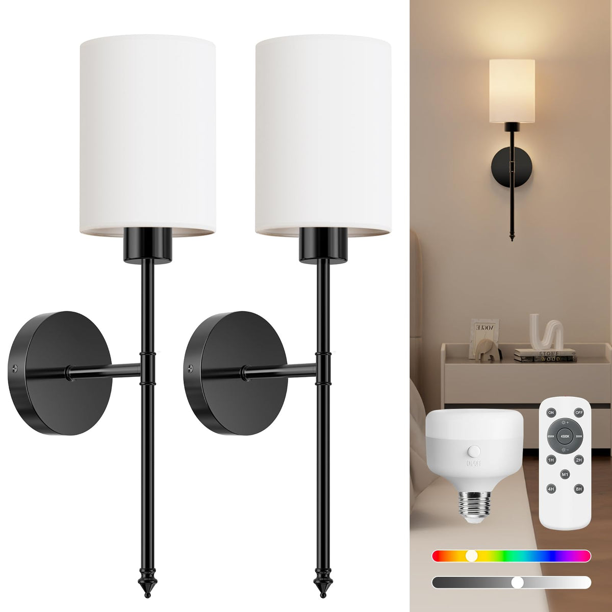 NIORSUN battery wall sconce set of 2 black with remote for flexible placement