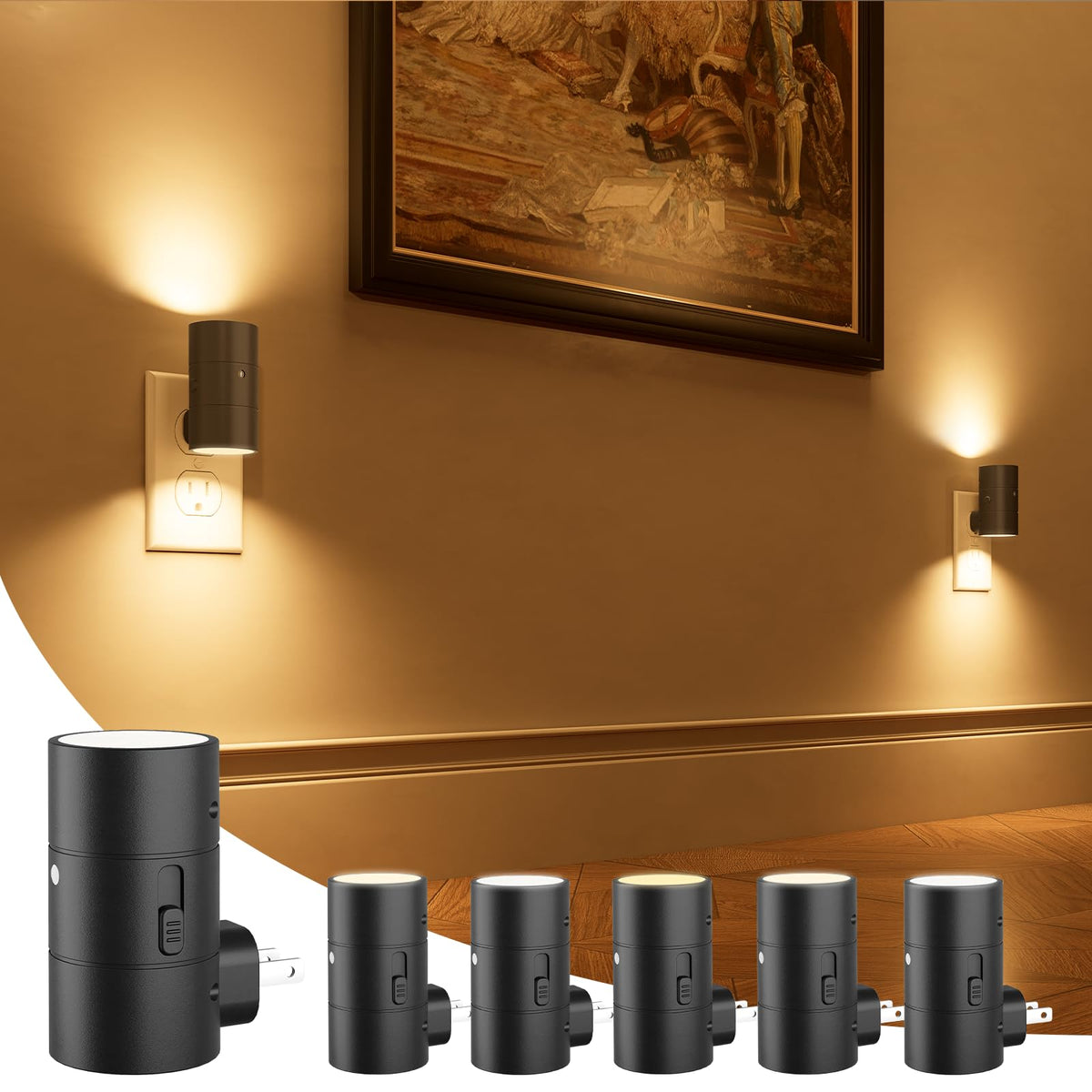 NIORSUN night light plugged into wall showing 3 color modes for ambient lighting.
