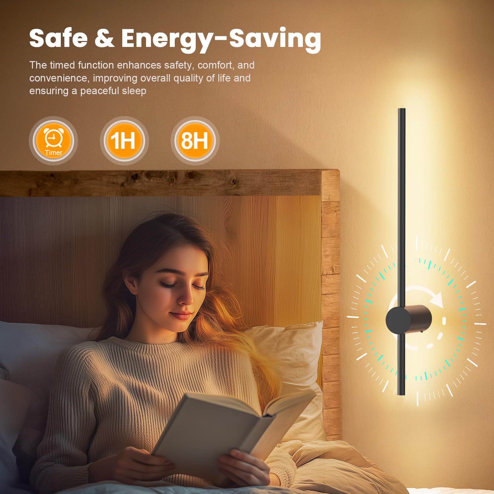 Niorsun rechargeable sconce on a bedside table, 1H timer for convenience.