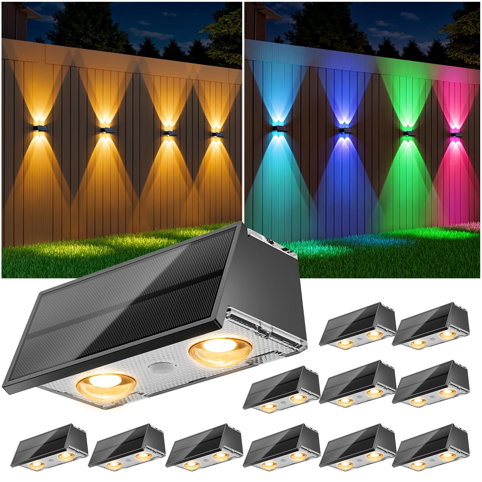 NIORSUN solar fence light shows 9 colors for versatile outdoor mood setting.
