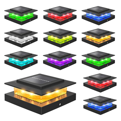 NIORSUN color changing solar post cap lights illuminate fence posts with ambient mood lighting.