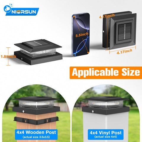 NIORSUN 4x4 post fit solar cap lights for easy wood or vinyl post mounting.