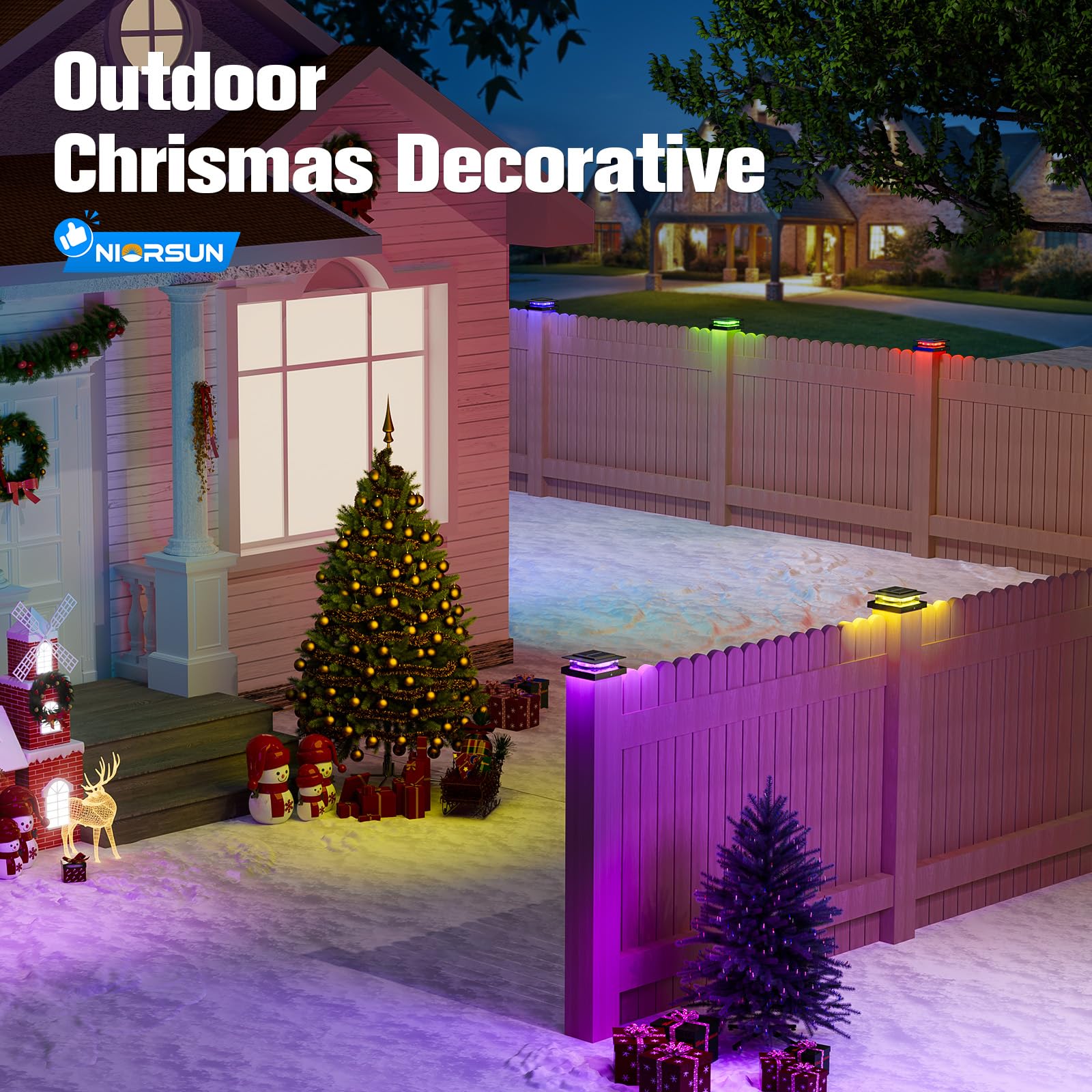 NIORSUN solar post cap lights provide night illumination on decks or gardens after dark.
