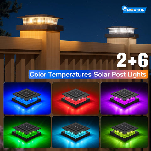 NIORSUN solar post cap lights RGB cycle show dynamic colors for outdoor events.