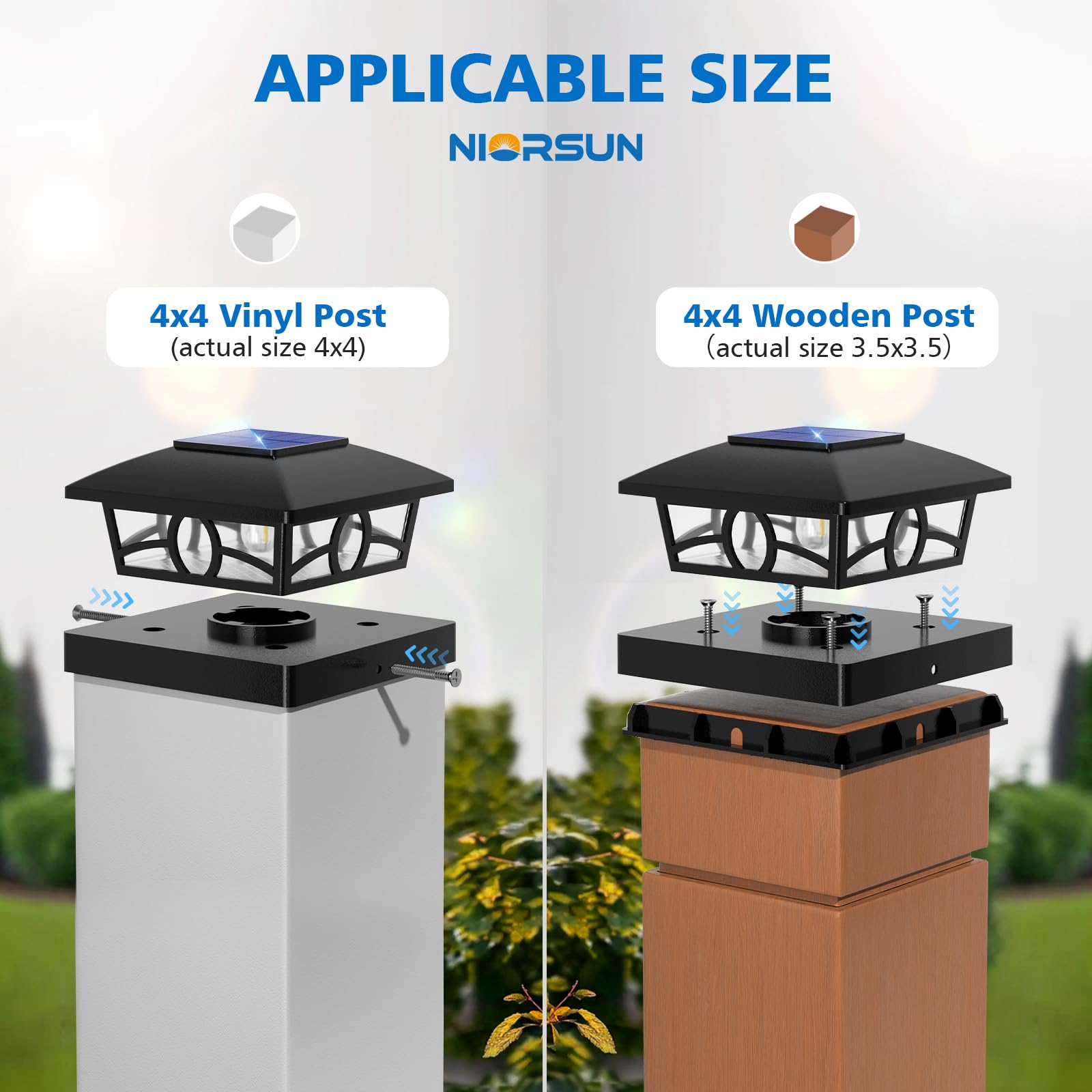 NIORSUN solar post lights fence post cap assembly provides ambient fence lighting.