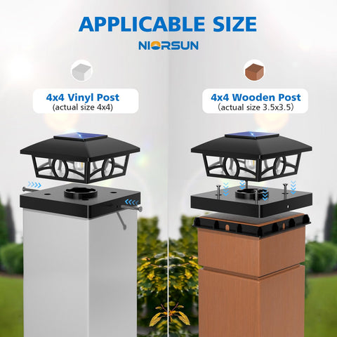 NIORSUN solar post lights fence post cap assembly provides ambient fence lighting.