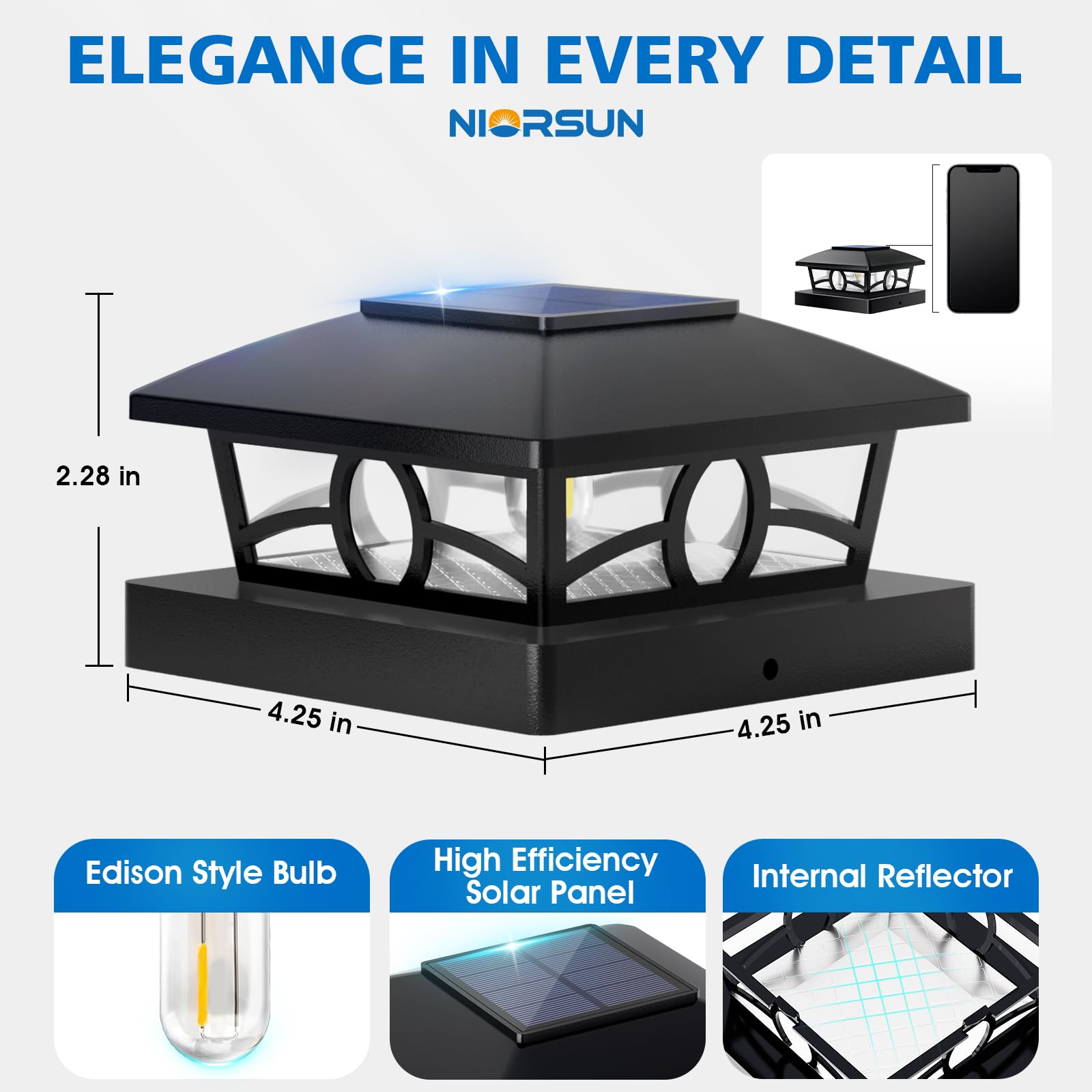 NIORSUN solar post lights IP64 weatherproof design withstands rain and sun.
