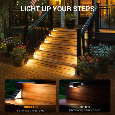 NIORSUN solar stair lights panel angle shows efficient sun capture and fast charging