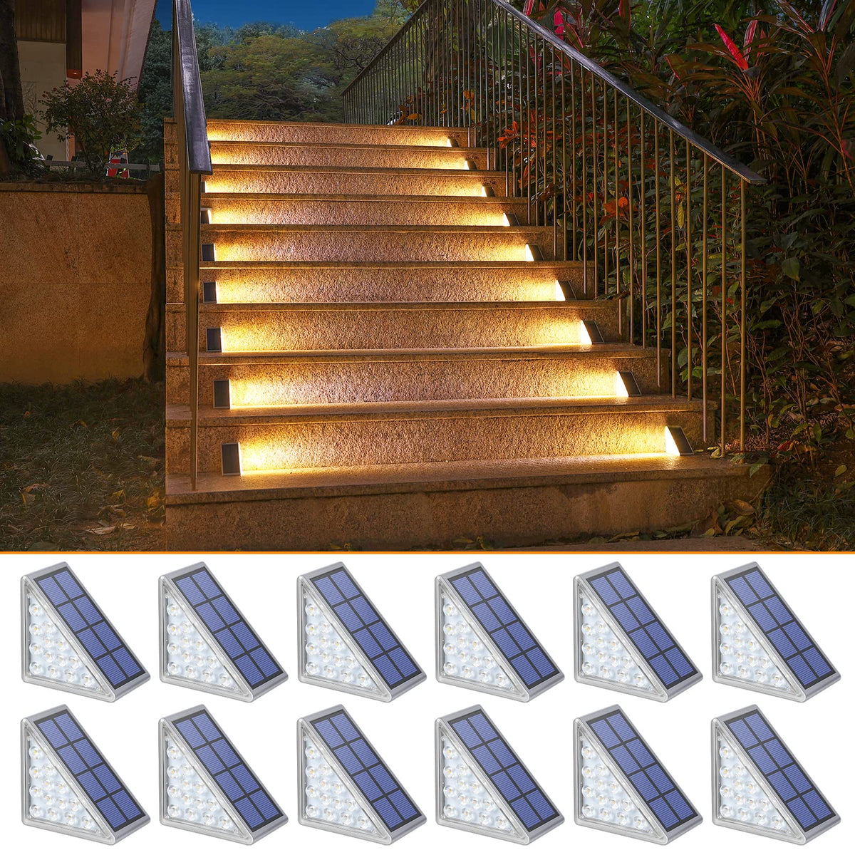 NIORSUN solar step light with triangle design illuminates stair edges safely.