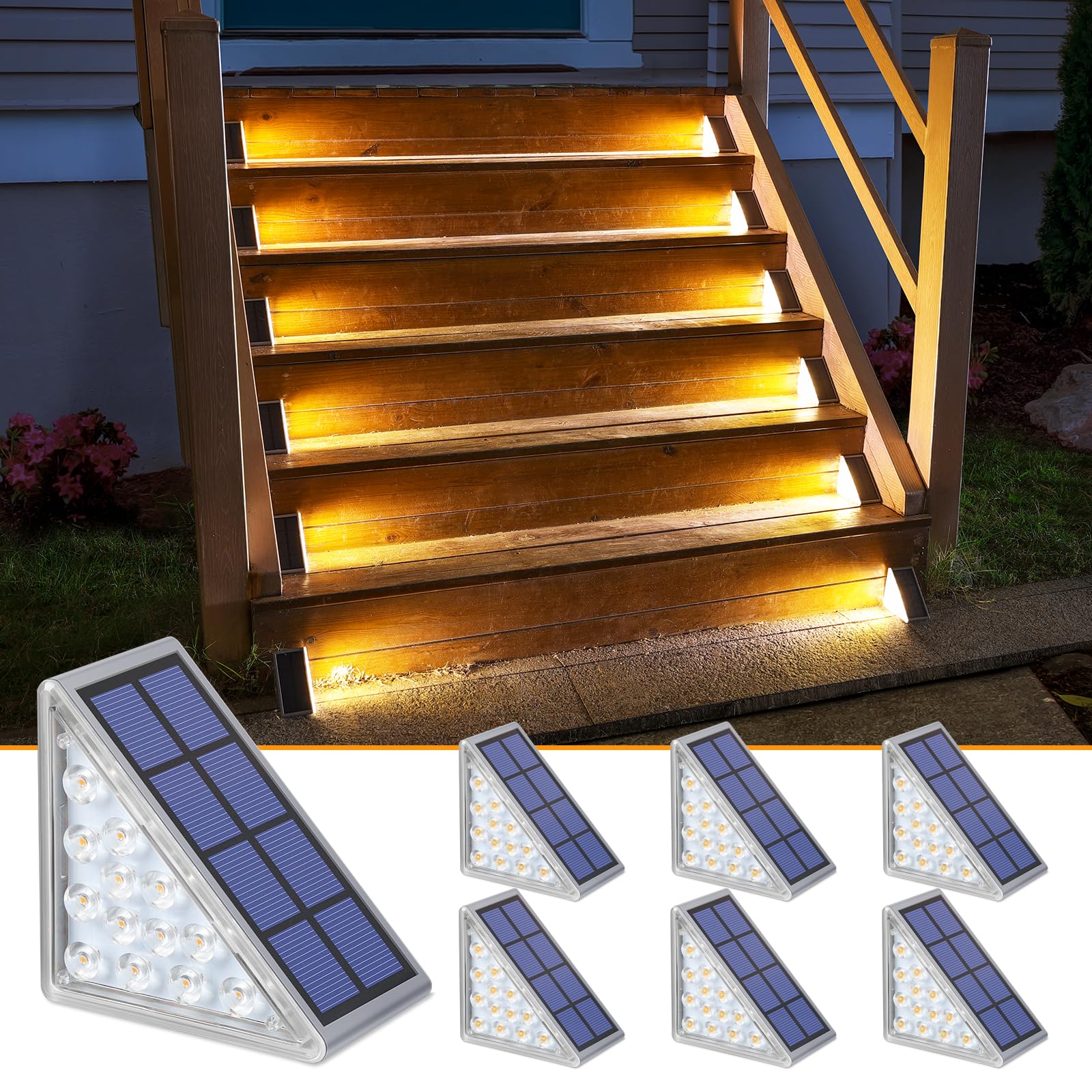 NIORSUN solar step lights with triangle design illuminate stair edges for safer nighttime steps.