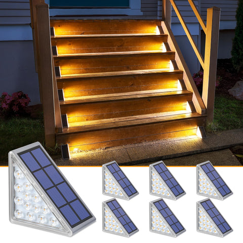 NIORSUN solar step lights with triangle design illuminate stair edges for safer nighttime steps.