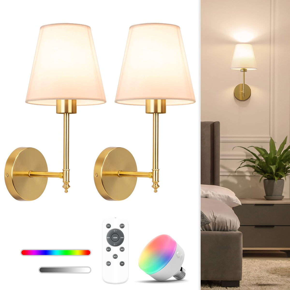 NIORSUN wall sconce front view in gold for stylish bedside lighting.