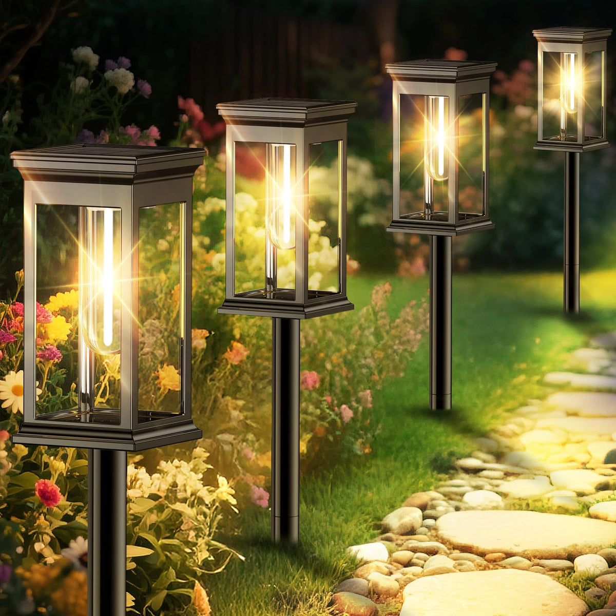 NIOWS solar pathway light emits a warm glow along a nighttime walkway for curb appeal.