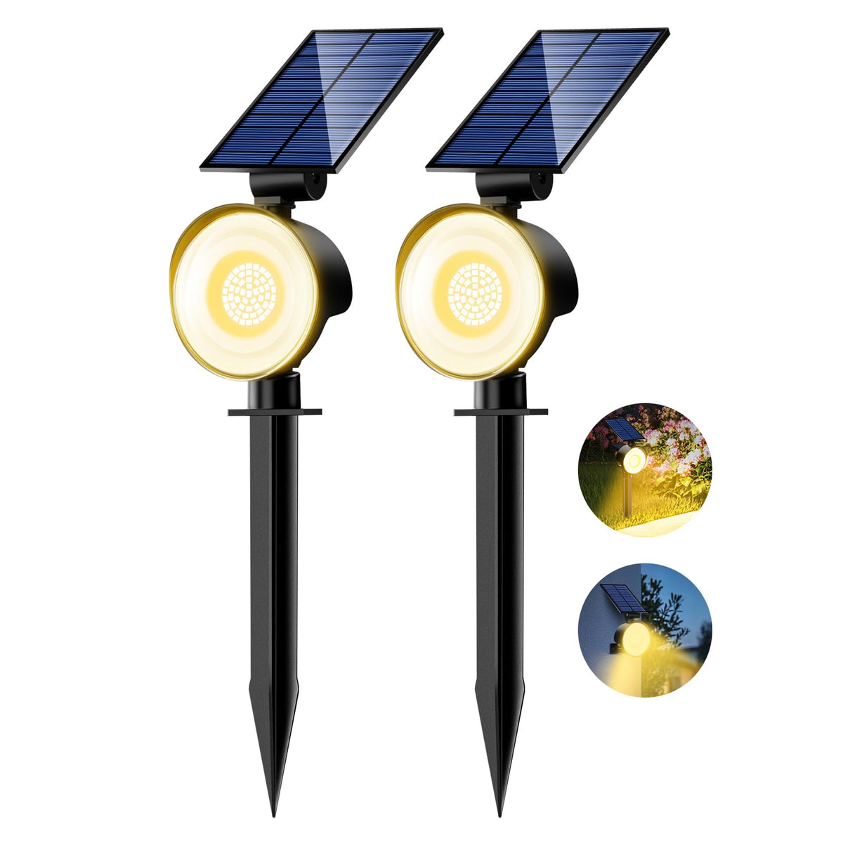 nipify solar spot light pair lighting a garden pathway with warm white glow