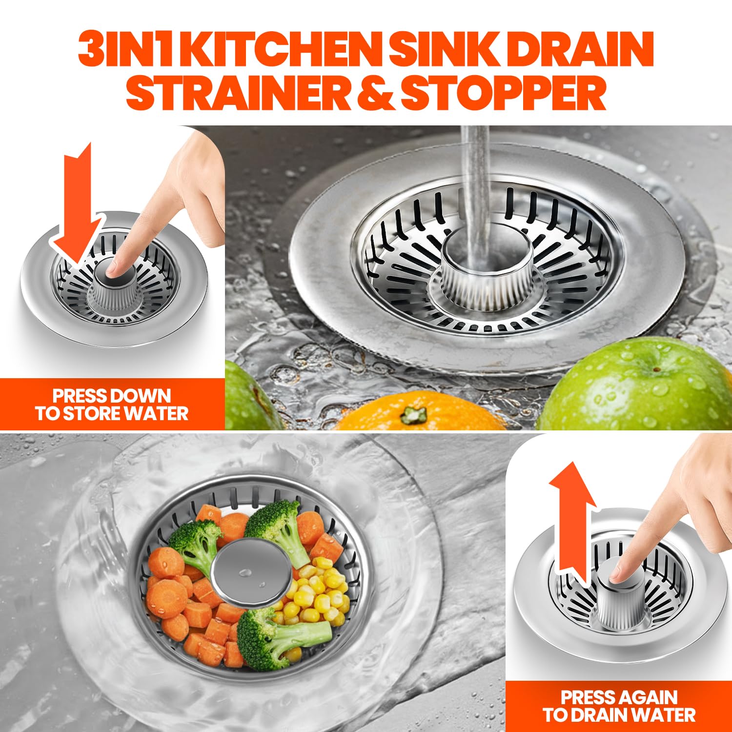 Nipoko dual-pack 3-in-1 stopper and strainer beside a clean sink