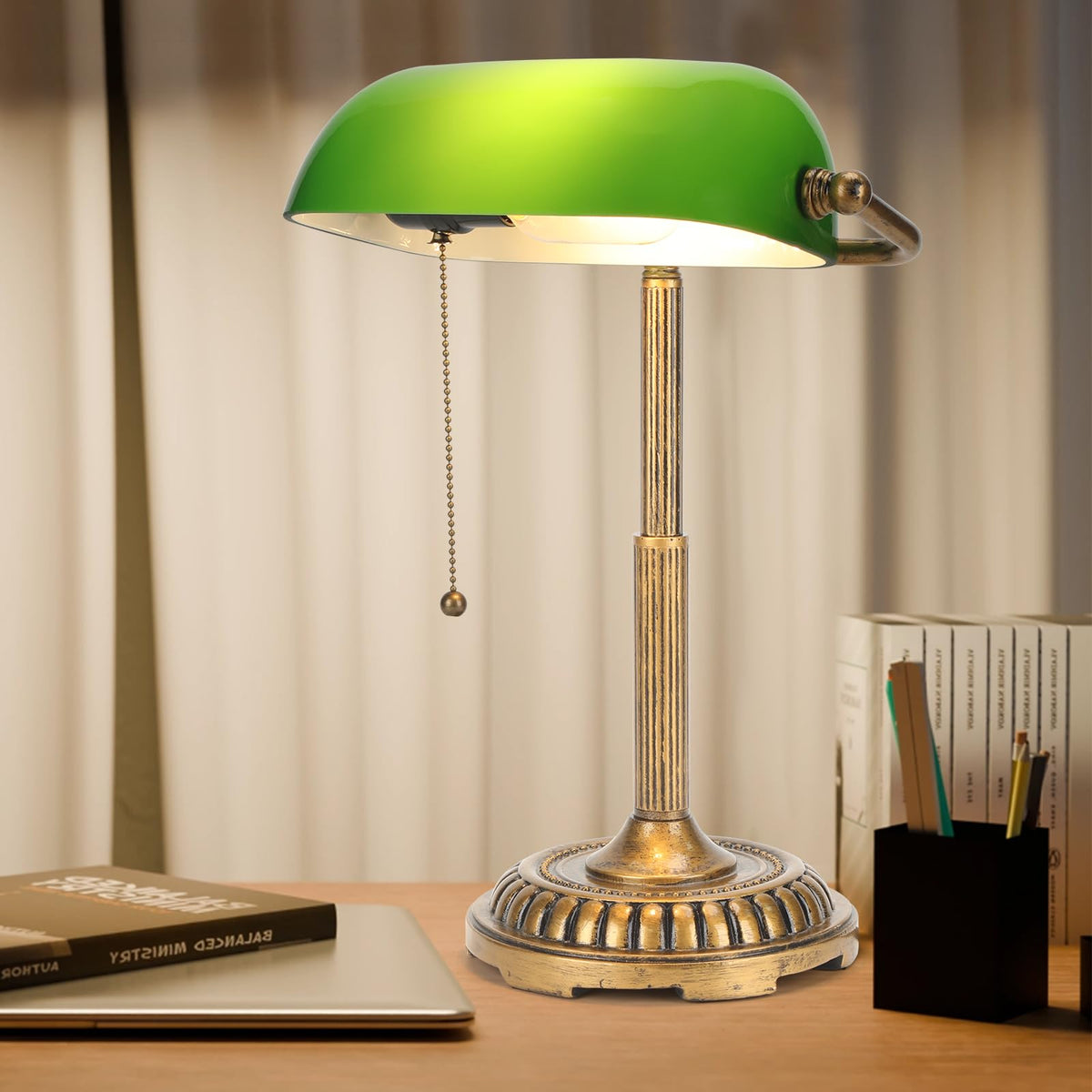 NISSAFORS bankers lamp with green shade and pull switch for focused study light.