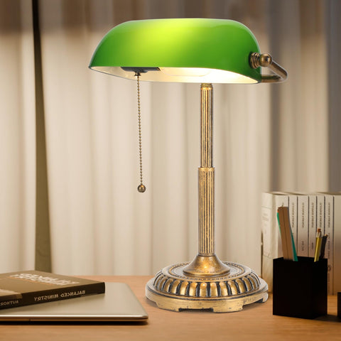 NISSAFORS bankers lamp with green shade and pull switch for focused study light.