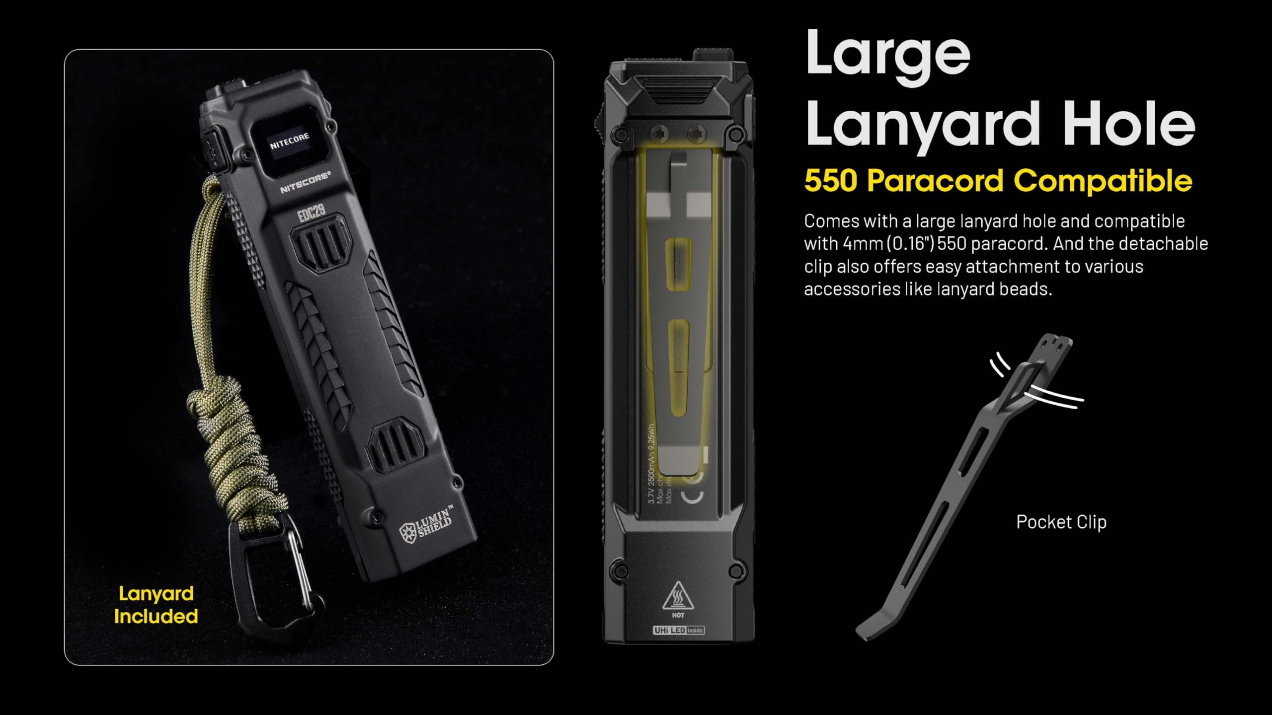 Nitecore EDC29 includes lanyard, USB-C cable, and sticker.