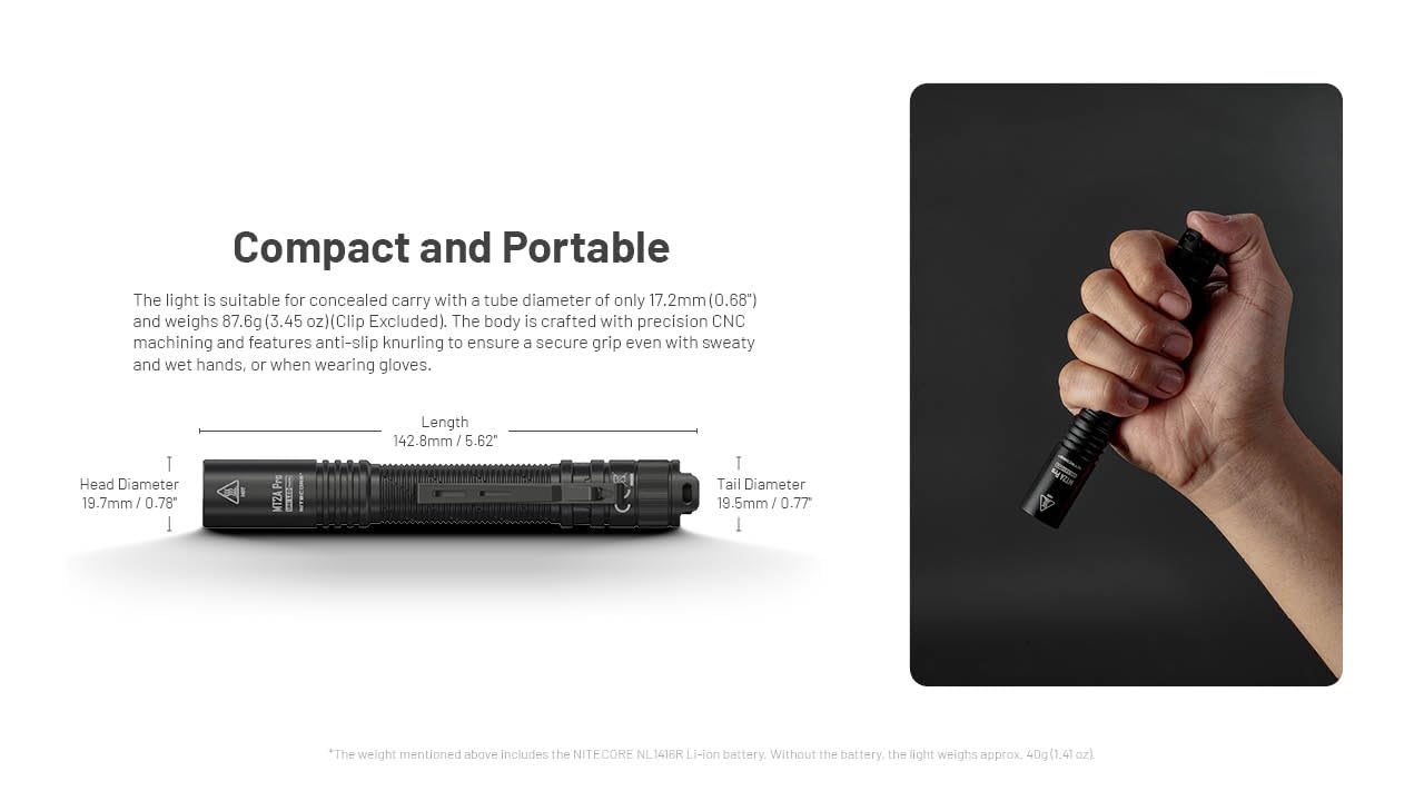 Nitecore MT2A Pro NL1416R battery preinstalled for immediate use.