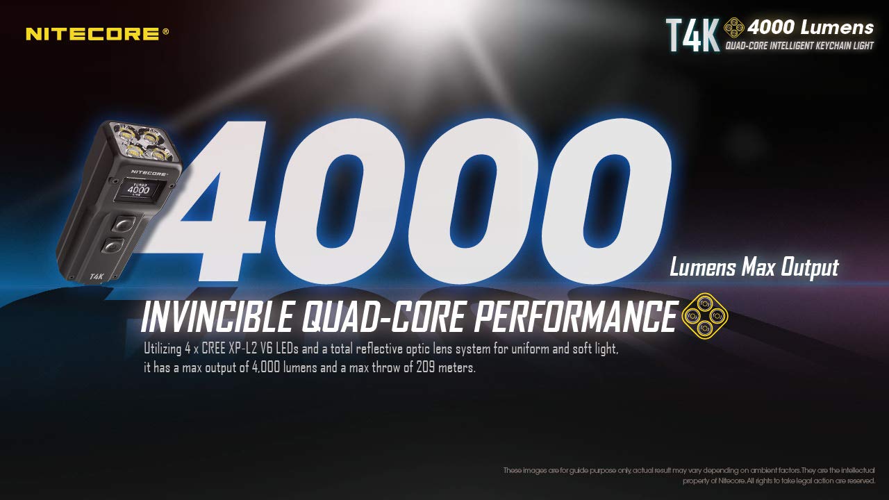 Nitecore T4K OLED display showing battery status and mode
