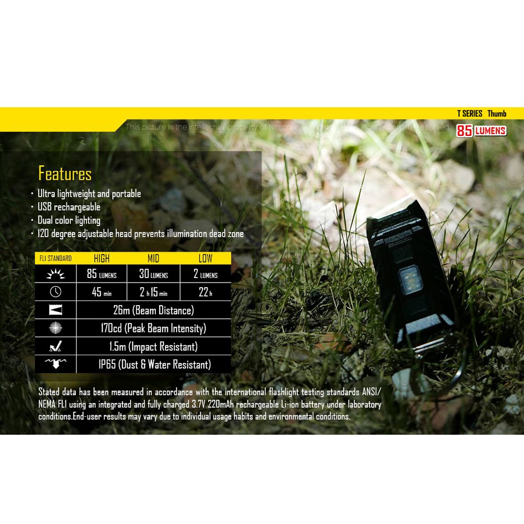 Nitecore Thumb 85 high brightness at 85 lumens for versatile tasks.
