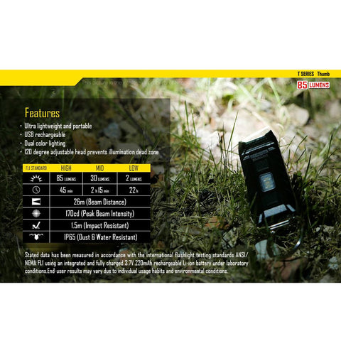 Nitecore Thumb 85 high brightness at 85 lumens for versatile tasks.
