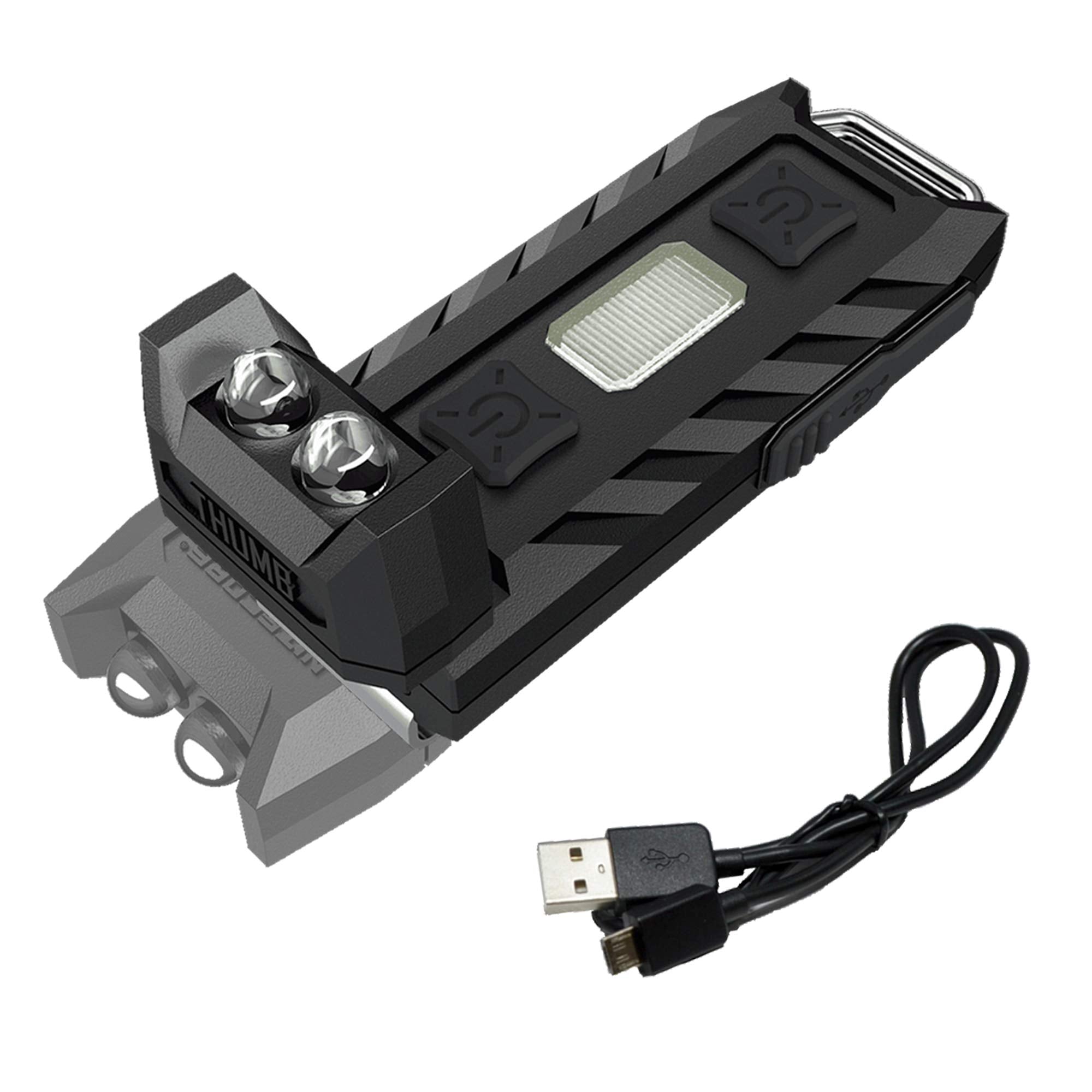 Nitecore Thumb 85 keychain light with tilt clip for precise illumination.