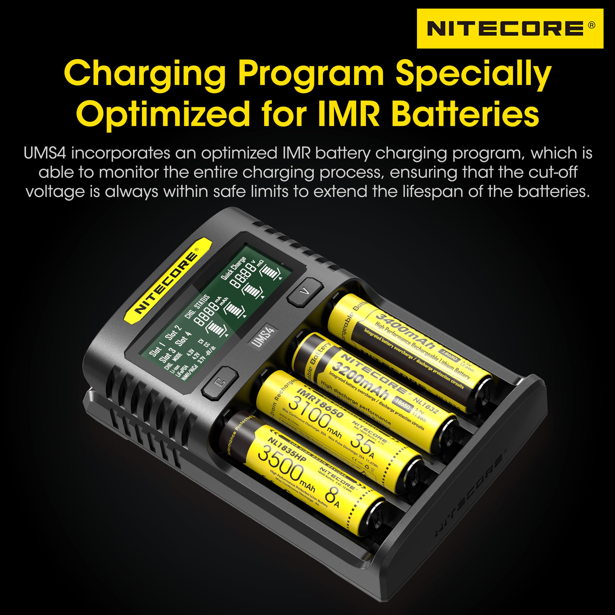 NITECORE UMS4 LCD display for real time battery status.