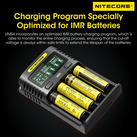 NITECORE UMS4 LCD display for real time battery status.