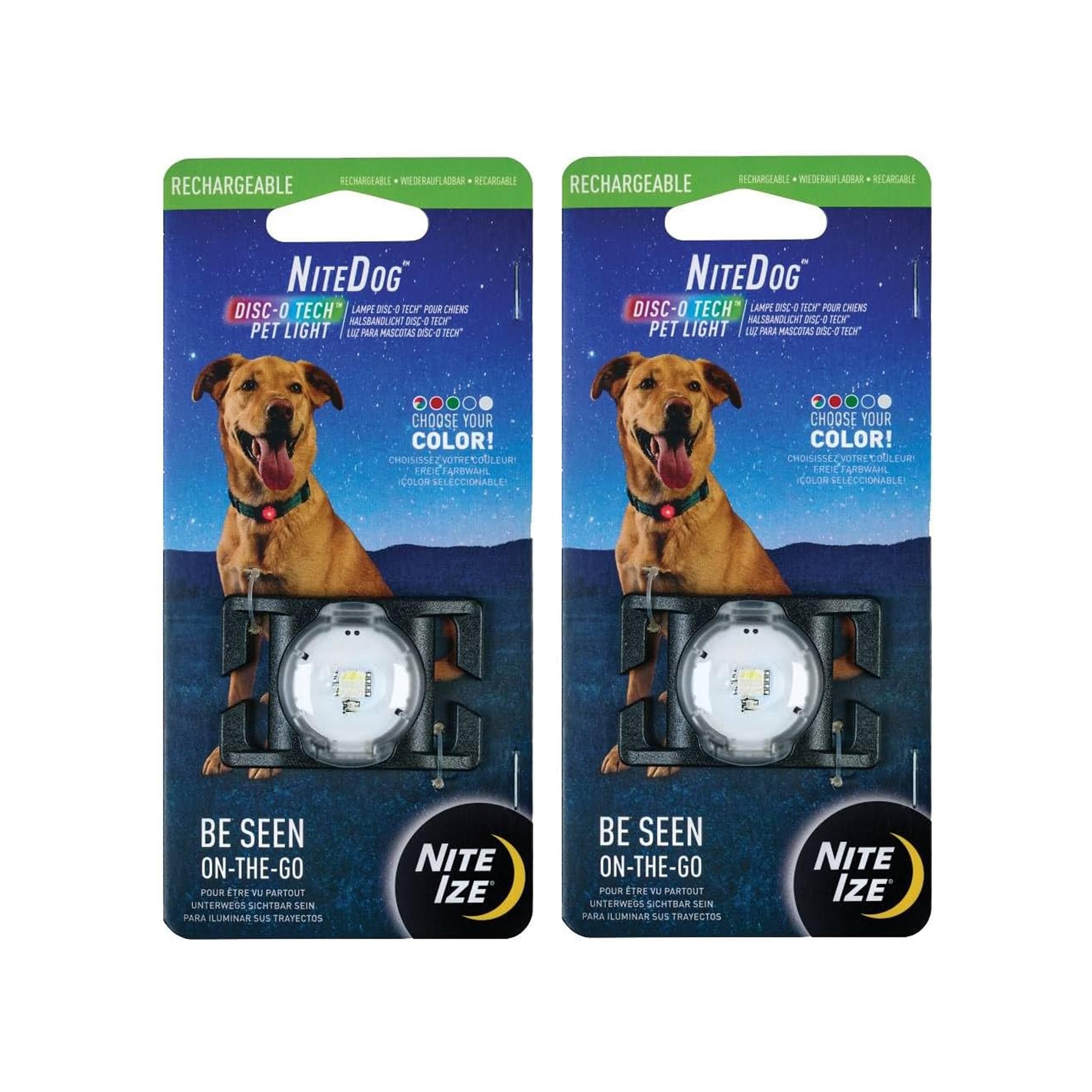 Nite Ize NiteDog light mounted on a collar for nighttime visibility
