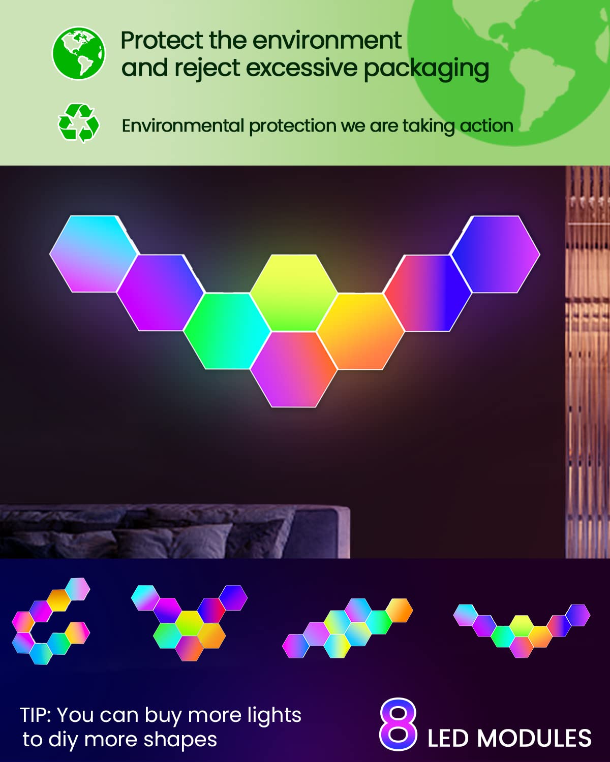 NIUCOO hexagon LED panel in music sync mode for dynamic party ambiance.