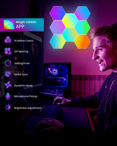 NIUCOO hexagon LED panel wall layout ready for game room setup.