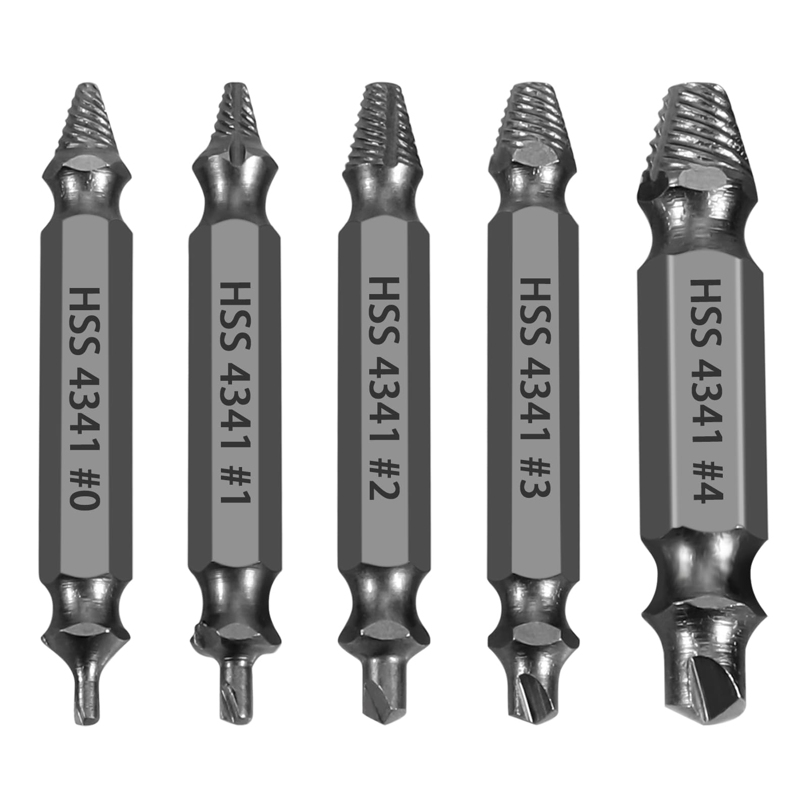 Niudai HSS damaged screw extractor set front view with five sizes for quick selection