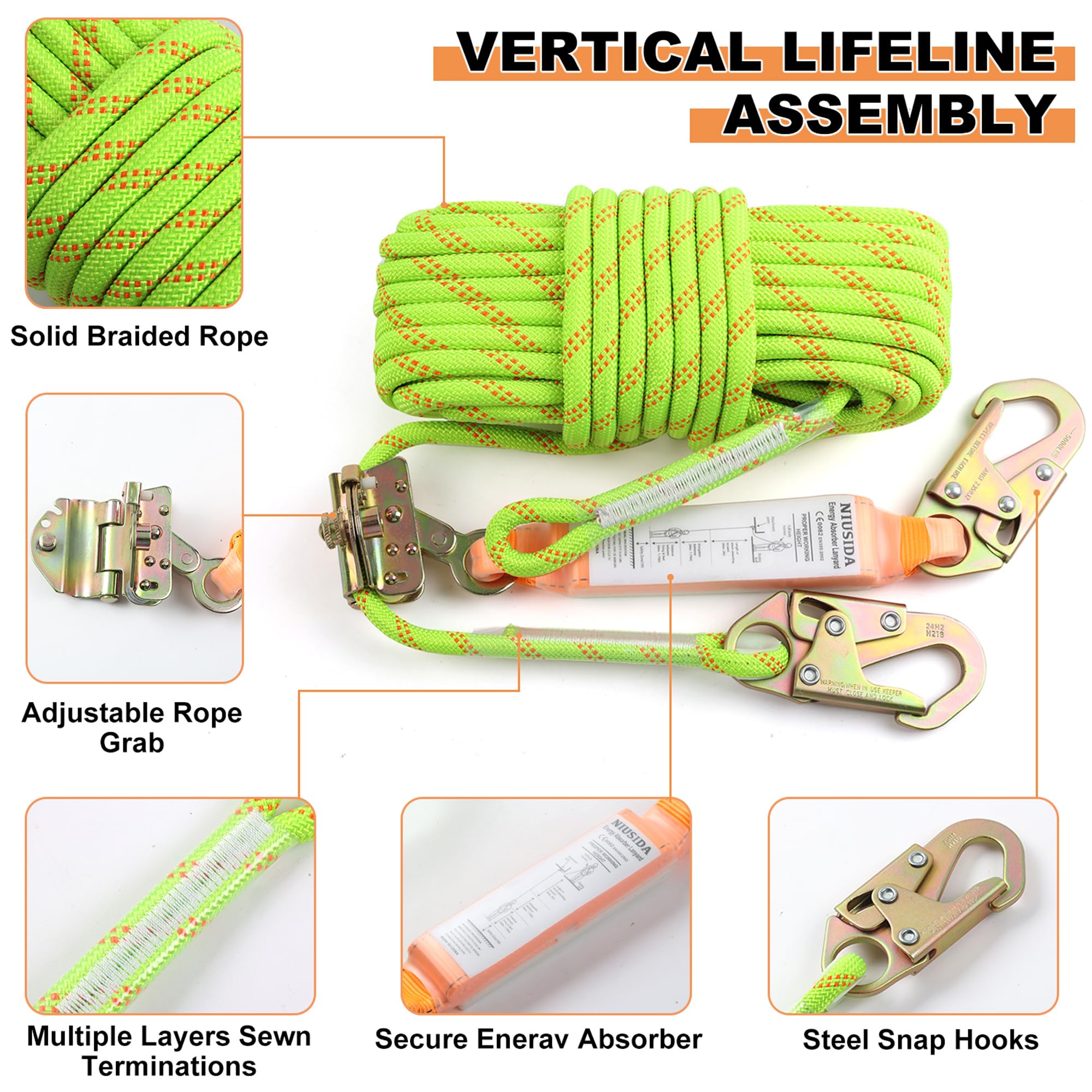 NIUSIDA rope-harness-alloy-steel-grab-hooks enable secure locking during ascent and work.