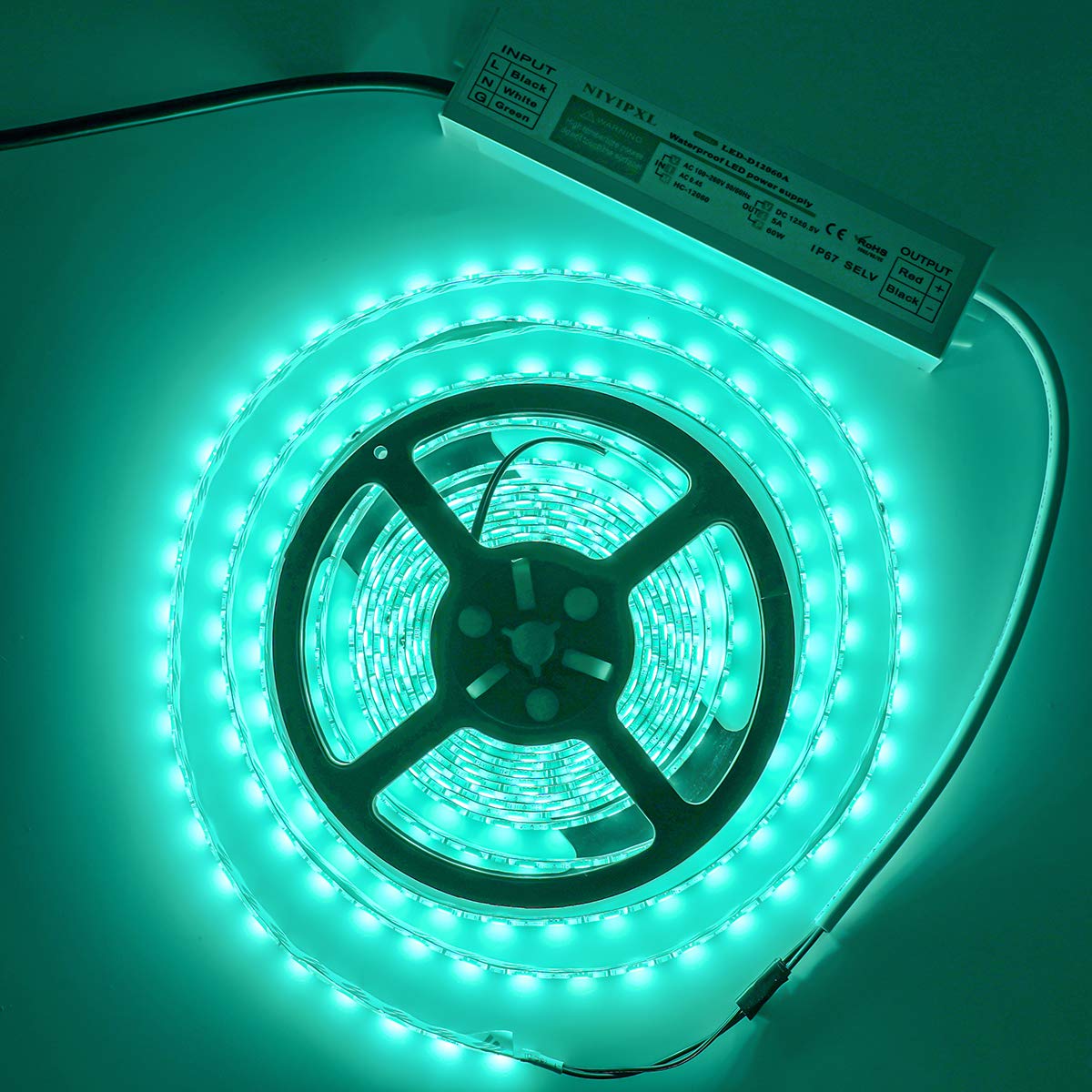NIYIPXL LED driver connected to a 12V LED strip for outdoor lighting.