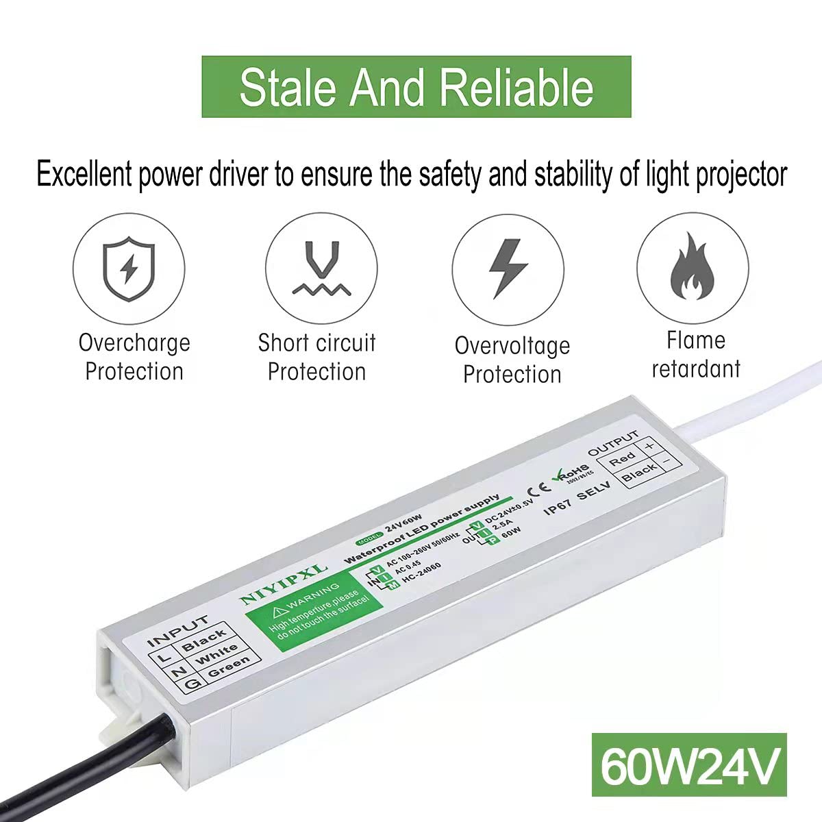 NIYIPXL 24V constant-voltage output for stable LED strips and fixtures.