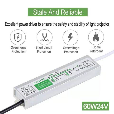 NIYIPXL 24V constant-voltage output for stable LED strips and fixtures.