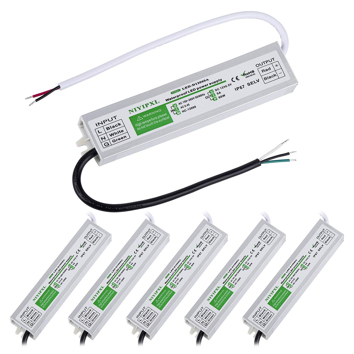 NIYIPXL 60W IP67 LED driver front view for outdoor use.