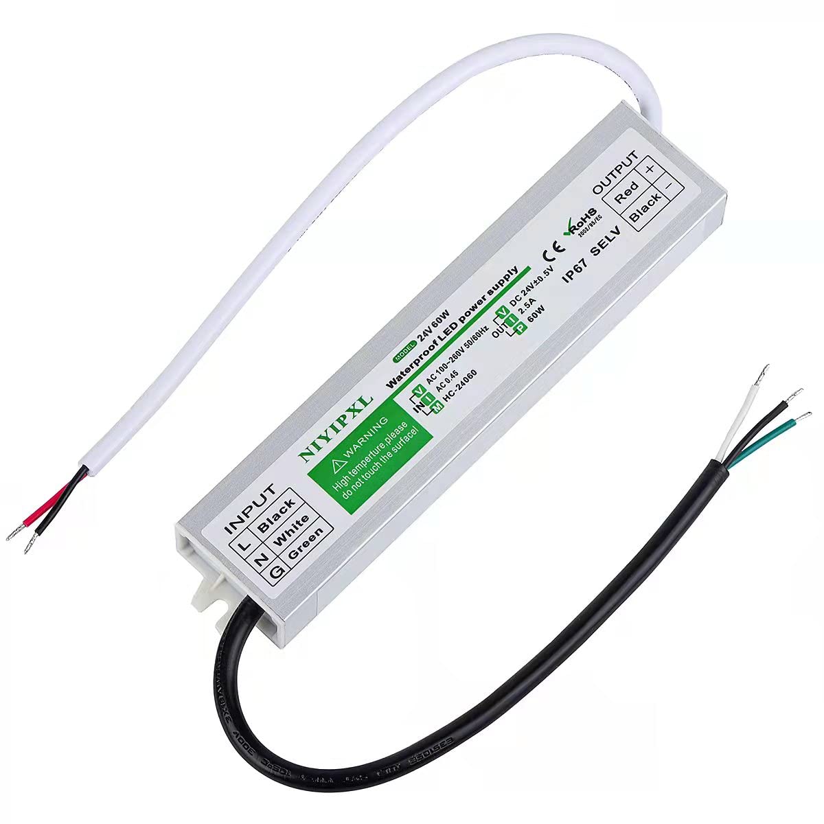 NIYIPXL 60W IP67 outdoor LED driver in rugged aluminum housing for outdoor use.