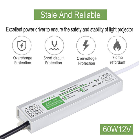 NIYIPXL 60W IP67 LED driver side view for rugged outdoor setups.
