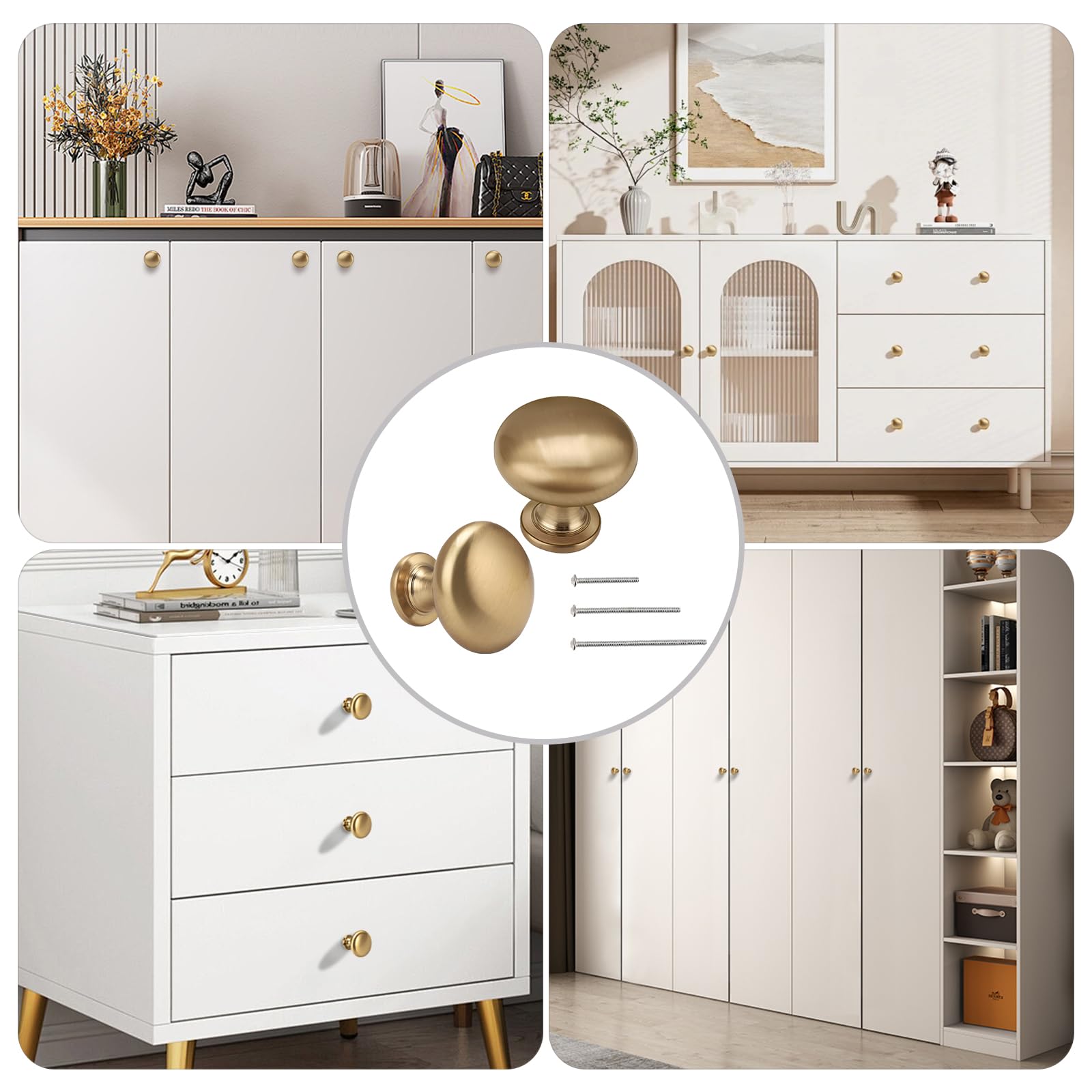 NIZADO warm gold knobs suit diverse surfaces for cohesive design.