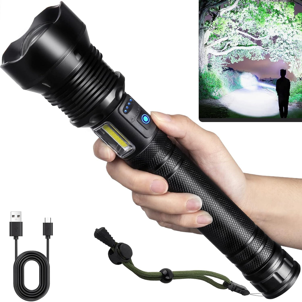 NJ FOREVER flashlight with 3000 lumens front view for outdoor visibility