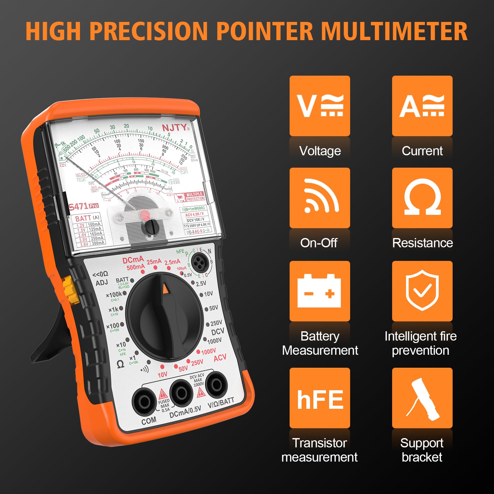 NJTY S471 hFE transistor testing area showing built-in functionality