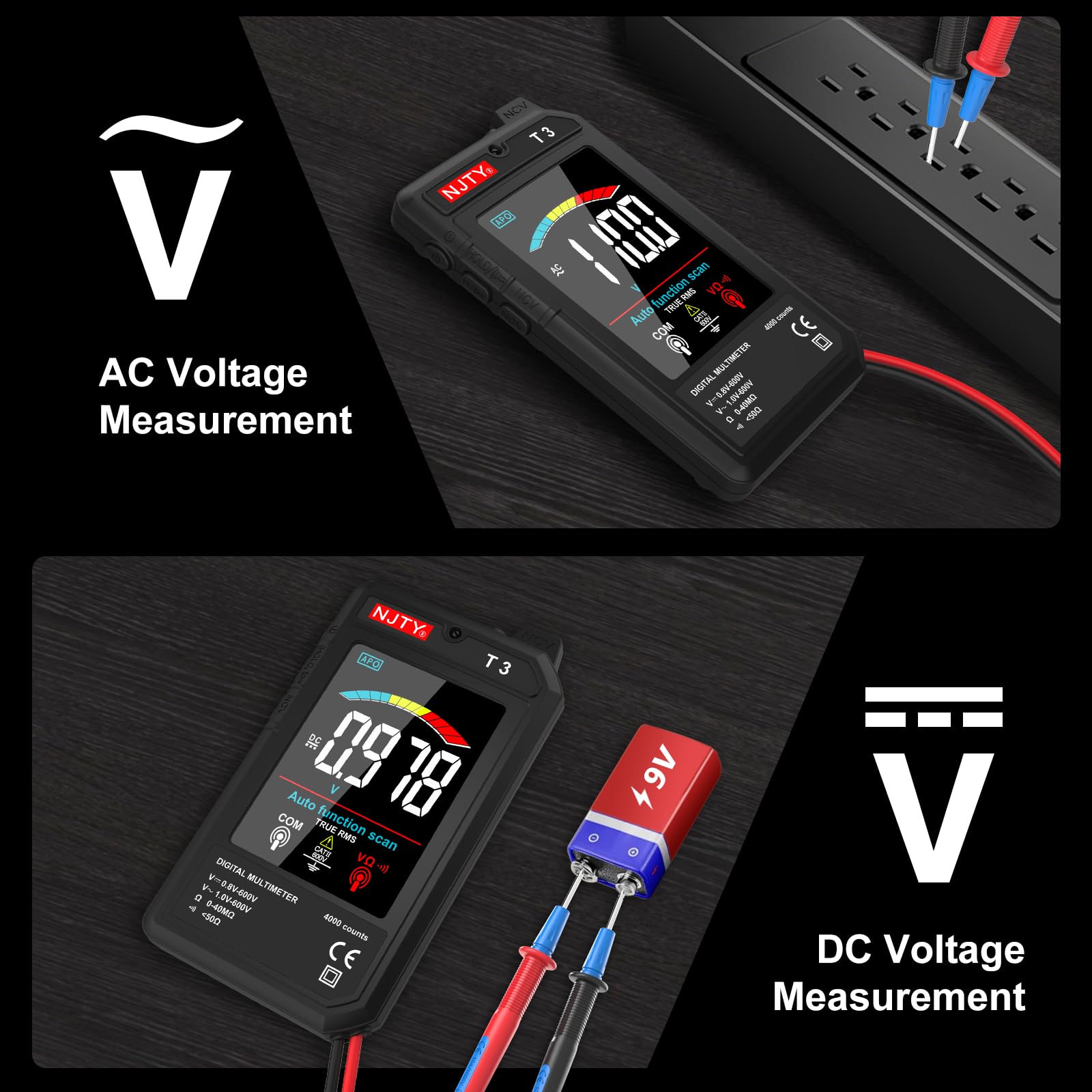 NJTY T3 measures AC/DC voltage and resistance for versatile tests.