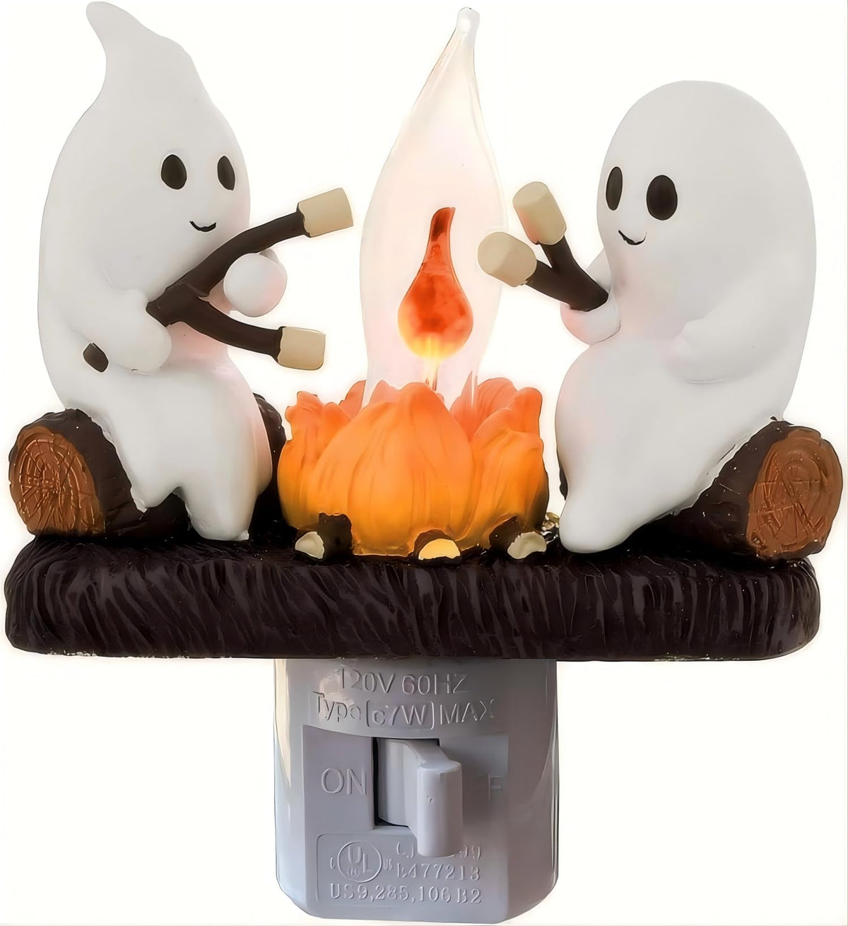 nlaa Ghost Campfire Nightlight features two friendly ghosts roasting marshmallows for cozy Halloween ambience.
